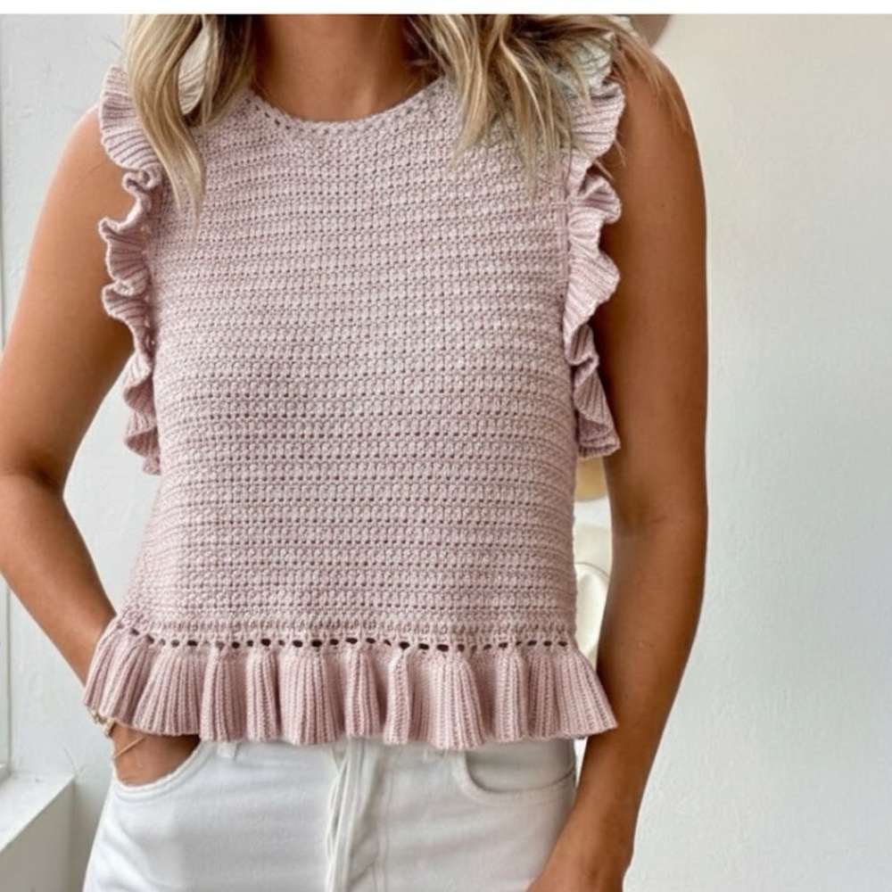 Mable - Crochet Knit Ruffle Sleeveless Tank Top in Pastel Pink - Size Small -EUC